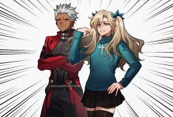 2boys archer_(fate) archer_(honkai:_star_rail)_(fate) artist_name aventurine_(honkai:_star_rail) black_thighhighs blonde_hair cioccolatodorima coat cosplay crossdressing crossdressing_(mtf) crossed_arms dark-skinned_male dark_skin emphasis_lines fate/stay_night fate_(series) green_sweater grey_hair honkai:_star_rail honkai_(series) long_hair male_focus miniskirt multiple_boys purple_eyes red_coat skirt sweater thighhighs tohsaka_rin tohsaka_rin_(cosplay) two_side_up