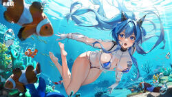1girl bikini bikini_under_clothes blue_bikini blue_eyes blue_hair blush braid breasts copyright_name diving fish gloves goddess_of_victory:_nikke hair_intakes headgear helm_(aqua_marine)_(nikke) helm_(nikke) highres large_breasts long_hair official_alternate_costume official_art open_mouth pinkmill ponytail see-through_clothes see-through_shirt shirt side-tie_bikini_bottom solo swimming swimsuit underwater wet wet_clothes wet_shirt white_gloves white_shirt