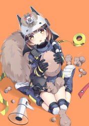 1girl :o absurdres acorn aiee animal animal_ears_helmet animal_helmet arknights blush boots brown_hair caution_tape chin_strap fire_helmet firefighter firefighter_jacket gloves helmet highres holding_acorn jacket knee_pads kneeling knees_together_feet_apart large_tail looking_at_viewer mask orange_background respirator shaw_(arknights) short_hair simple_background squirrel squirrel_girl squirrel_tail tail unworn_mask walkie-talkie yellow_eyes
