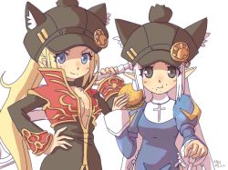 2girls animal_ear_headwear animal_ears black_coat black_eyes black_headwear blonde_hair blue_dress blue_eyes blush breasts burger cat_ears cleavage closed_mouth coat commentary_request cross cross_necklace crossdressing dress eating fake_animal_ears food habit highres holding holding_food jewelry juliet_sleeves long_hair long_sleeves looking_at_viewer medium_breasts multicolored_coat multiple_girls necklace open_clothes open_coat pointy_ears priest_(ragnarok_online) puffy_sleeves ragnarok_online ragnarok_origin red_coat saba_(loki) simple_background smile two-tone_coat upper_body white_background white_hair