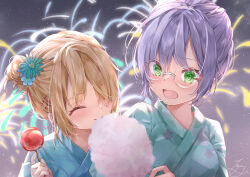 2girls ^_^ absurdres aerial_fireworks alternate_costume alternate_hairstyle blonde_hair blue_flower blush candy_apple closed_eyes commentary_request eating festival fireworks flower food glasses green_eyes grey_hair hair_bun hair_flower hair_ornament hair_over_one_eye hairclip heaven_burns_red highres holding holding_candy_apple holding_food izumi_yuki_(heaven_burns_red) japanese_clothes kayamori_ruka kimono long_hair marshmallow multiple_girls night night_sky open_mouth parallel_hairclips print_kimono round_eyewear short_hair single_hair_bun sky summer_festival surprised tsumugi-t upper_body yukata yuri