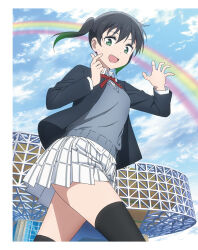 1girl artbook black_hair black_jacket black_thighhighs blazer blue_sky bow cloud collared_shirt day gradient_hair green_eyes green_hair hair_between_eyes highres jacket long_sleeves looking_at_viewer love_live! love_live!_nijigasaki_high_school_idol_club medium_hair miniskirt multicolored_hair neck_ribbon nijigasaki_school_uniform non-web_source official_art open_clothes open_jacket open_mouth outdoors plaid_clothes plaid_skirt pleated_skirt rainbow red_ribbon ribbon school_uniform shirt skirt sky smile solo sweater_vest takasaki_yu thighhighs twintails two-tone_hair vest white_shirt white_skirt winter_uniform yokota_takumi zettai_ryouiki