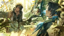 3boys arknights ascot black_hair black_jacket black_shirt blue_ascot blue_hair brown_jacket chair coat colored_inner_hair commentary_request copyright_name copyright_notice dark-skinned_male dark_skin elysium_(arknights) feet_out_of_frame gauntlets green_eyes highres infection_monitor_(arknights) itefu jacket jacket_on_shoulders jewelry looking_at_viewer lumen_(arknights) male_focus multicolored_hair multiple_boys necklace official_art outdoors pants parted_lips pointy_ears red_hair shirt sitting sleeves_rolled_up streaked_hair thorns_(arknights) thorns_the_lodestar_(arknights) upper_body white_coat white_hair white_pants yellow_eyes