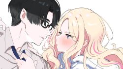 1boy 1girl black-framed_eyewear black_hair black_necktie blonde_hair blush commentary_request facing_another gakuen_idolmaster glasses hetero idolmaster juo_sena kasasagi_(futagodori888) long_hair multicolored_hair necktie pink_hair producer_(idolmaster) shirt short_hair simple_background streaked_hair tears two-tone_hair upper_body white_background white_shirt