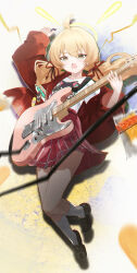 1girl absurdres ahoge animal_print black_shoes blonde_hair blue_archive cat_print guitar hair_between_eyes hair_ribbon hayate_(1034853996) highres holding holding_guitar holding_instrument holding_plectrum instrument jacket long_hair looking_at_viewer low_twintails official_alternate_costume official_alternate_hairstyle open_mouth pink_skirt plectrum red_jacket red_ribbon ribbon shirt shoes sidelocks skirt socks solo striped_clothes striped_skirt twintails vertical-striped_clothes vertical-striped_skirt white_shirt white_socks yellow_eyes yoshimi_(band)_(blue_archive) yoshimi_(blue_archive)