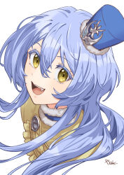 Rule 34 | 1girl, blue hair, blue hat, fang, from above, hat, highres, long hair, looking at viewer, open mouth, sentai red ga isekai de boukensha ni naru, simple background, smile, solo, teltina liz wagrel alvarost, upper body, white background, yanagimachi, yellow eyes