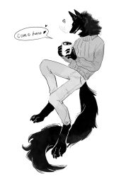 1boy animal_feet black_fur dog_boy drink furry furry_male greyscale heart highres holding holding_drink male_focus monochrome no_eyes original pants sharp_teeth simple_background sketch solo sweater teeth turtleneck turtleneck_sweater white_background zumi3