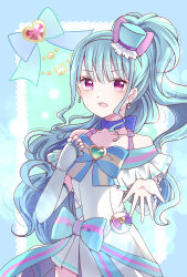 Rule 34 | 1girl, aqua dress, aqua hair, arm warmers, bow, bowtie, brooch, collarbone, cure lillian, dress, earrings, hair bow, hairband, hat, heart, heart brooch, high-low dress, highres, jewelry, light blush, long hair, looking at viewer, magical girl, makeup, mini hat, nekoyashiki mayu, open mouth, pink bow, pink eyes, pleated dress, ponytail, precure, simple background, siquartz22, sleeveless, sleeveless dress, smile, solo, wavy hair, wonderful precure!