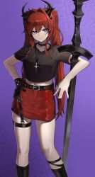 1girl absurdres alternate_hairstyle arknights belt black_belt black_choker black_shirt black_straps breasts choker closed_mouth collarbone commentary cross cross_necklace demon_horns denim denim_skirt feet_out_of_frame garter_straps gloves highres holding holding_sword holding_weapon horns jewelry latin_cross legwear_garter light_smile long_hair looking_at_viewer midriff midriff_peek miniskirt natoriusu_sansei necklace official_alternate_costume purple_background purple_eyes red_hair red_skirt shirt short_sleeves single_glove skirt solo standing surtr_(arknights) surtr_(liberte_echec)_(arknights) sword thigh_strap twintails weapon