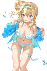 1girl absurdres anngu_nn bikini blue_eyes blue_hairband blue_jacket breasts cleavage collarbone commentary_request cowboy_shot frilled_bikini frills girls&#039;_frontline girls&#039;_frontline_2:_exilium hair_bun hairband highres jacket looking_at_viewer navel official_alternate_costume official_alternate_hairstyle open_clothes open_jacket open_mouth simple_background single_hair_bun solo suomi_(girls&#039;_frontline) suomi_(girls&#039;_frontline_2) suomi_(midsummer_pixie)_(girls&#039;_frontline) swimsuit thigh_strap white_background white_bikini