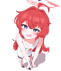 1girl ahoge black_shorts blue_archive blue_eyes breasts bright_pupils dro_(eveveb_414) from_above hair_between_eyes halo highres holding holding_marker long_hair maki_(blue_archive) maki_(pajamas)_(blue_archive) marker official_alternate_costume official_alternate_hairstyle red_hair red_halo shadow shorts small_breasts solo tank_top white_background white_pupils white_tank_top