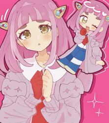 1girl arched_bangs blue_pants blush brown_eyes cardigan collared_shirt eyelashes gloves hair_ornament hairclip han0579 highres lacey_(pokemon) long_sleeves looking_at_viewer nintendo one_eye_closed open_cardigan open_clothes open_mouth pants pink_cardigan pink_hair pokemon pokemon_sv purple_cardigan red_gloves shirt short_hair single_glove smile solo white_shirt yellow_eyes