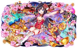 ahoge aqua_eyes architecture artist_request azalea_(flower) black_gloves black_hair blunt_bangs blunt_sidelocks blush bow breasts building chinese_clothes cleavage coin crash_fever dice dress dress_bow earrings east_asian_architecture flower flower_knot full_body game_cg gloves gold_coin hair_flower hair_ornament high_heels jewelry knees_together_feet_apart long_hair long_sleeves looking_at_viewer mahjong mahjong_tile mandarin_collar medium_breasts night night_sky official_art open_mouth outdoors outline outstretched_arms parted_hair pelvic_curtain pink_flower pink_petals pom_pom_(clothes) print_dress print_sleeves qian_(coin) red_footwear red_outline red_trim see-through_clothes see-through_sleeves shoe_strap side_slit sidelocks single_earring sky solo sparkle spread_arms star_(sky) tachi-e tassel tassel_hair_ornament thighhighs third-party_source transparent_background very_long_hair wanshan_caishen water white_bow white_pom_poms white_thighhighs wide_sleeves