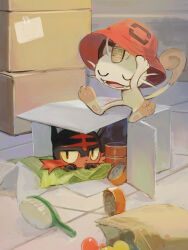 bag box cardboard_box closed_eyes clothed_pokemon creatures_(company) fangs game_freak gen_1_pokemon gen_7_pokemon hair_brush hat highres litten lying maumaujanken meowth nintendo no_humans open_mouth paper_bag pokemon pokemon_(creature) sitting smile u_u