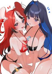 Rule 34 | 2girls, absurdres, animal ears, asymmetrical docking, between breasts, bikini, black hair, blue eyes, blue hair, breast press, breasts, colored inner hair, commentary, english commentary, hair intakes, hakos baelz, halterneck, hana20000920, highres, hololive, hololive english, large breasts, long hair, looking at viewer, mouse ears, mouse girl, mouse tail, multi-strapped bikini bottom, multicolored hair, multiple girls, open mouth, ouro kronii, red bikini, red hair, sharp teeth, simple background, streaked hair, swimsuit, tail, teeth, thigh strap, virtual youtuber, white background, white hair