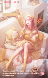 1girl ^_^ ahoge animal ankle_socks artist_request blanket blunt_bangs bow bowtie card_(medium) cat character_name clenched_hands cloak closed_eyes clothed_animal commentary copyright_name couch cup day dot_nose english_commentary english_text fire fireplace fist_pump frilled_skirt frills full_body glass_table happy highres hood hooded_cloak indoors jacket jar knees lid living_room log logo long_hair long_sidelocks long_sleeves mask mask_on_head miniskirt momo_(nikki) nikki_(nikki) nikki_(series) nintendo_switch official_art on_couch open_clothes open_jacket open_mouth orange_bow orange_bowtie orange_shirt pawpads pig_print piggy_bank piggy_encounter_(shining_nikki) pillow pink_hair puffy_long_sleeves puffy_sleeves saucer second-party_source shining_nikki shirt sidelocks sitting skirt sleep_mask sleeve_bow smile socks stuffed_animal stuffed_pig stuffed_toy sugar_cube table tea teacup teaspoon teeth traditional_bowtie upper_teeth_only very_long_hair whiskers white_cat window yellow_cloak yellow_jacket yellow_mask yellow_skirt yellow_socks