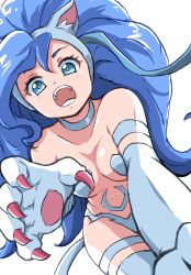 1girl :o animal_ears bare_shoulders blue_eyes blue_hair breasts cat_ears cat_girl cat_tail choker claws darkstalkers felicia_(darkstalkers) from_below highres ikaringo_(ikaringo4444) long_hair looking_at_viewer navel open_mouth solo tail teeth very_long_hair white_background white_choker