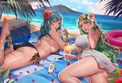 2girls ass bare_legs beach bikini black_bikini black_vs_white blush breasts female_byleth_(fire_emblem) female_byleth_(summer)_(fire_emblem) exlic female_focus fire_emblem fire_emblem:_three_houses fire_emblem_heroes flower green_eyes green_hair hair_flower hair_ornament innertube large_breasts long_hair looking_at_viewer lotion lying mat matching_hair/eyes medium_hair multiple_girls nail_polish nintendo official_alternate_costume on_stomach rhea_(fire_emblem) rhea_(summer)_(fire_emblem) smile sunscreen swim_ring swimsuit untied_bikini white_bikini