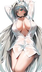 1girl :o absurdres ahoge alternate_costume animal_ear_fluff animal_ears aqua_eyes arms_up black_choker blue_archive blush breasts choker curvy extra_ears feet_out_of_frame grey_hair halo highres huge_ahoge huge_breasts long_hair looking_at_viewer naked_shirt navel see-through_clothes see-through_shirt shiroko_(blue_archive) shiroko_terror_(blue_archive) shirt simple_background solo straight_hair thighs very_long_hair white_background white_shirt wolf_ears yamanokami_eaka