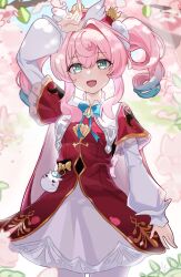 1girl absurdres aqua_eyes aqua_hair bow dress drill_hair gradient_hair hat highres honkai:_star_rail honkai_(series) hyacine_(honkai:_star_rail) long_hair looking_at_viewer multicolored_hair ningmeng_zizi open_mouth pantyhose pink_hair red_dress red_hat smile solo twintails two-tone_hair white_pantyhose