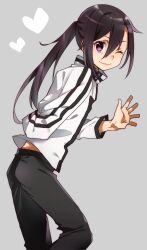 1boy arm_behind_back black_hair black_pants closed_mouth feet_out_of_frame fingernails grey_background hair_between_eyes heart jacket komiya_harumoto long_shirt long_sleeves looking_at_viewer one_eye_closed pants ponytail purple_eyes smile solo white_jacket