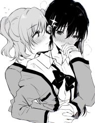 2girls absurdres aijou_karen blush bow bowtie closed_mouth collared_shirt covering_own_mouth cropped_torso dress_shirt ear_blush flying_sweatdrops greyscale hair_between_eyes hair_ornament hand_up highres holding_hands hug hug_from_behind jacket kagura_hikari long_hair long_sleeves looking_at_another looking_away monochrome multiple_girls nose_blush off_shoulder open_clothes open_jacket profile rococomm123 school_uniform seishou_music_academy_uniform shirt short_hair shoujo_kageki_revue_starlight sketch sparkle_hair_ornament sweat two_side_up undone_bowtie upper_body wavy_mouth yuri