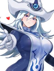 Rule 34 | 1girl, absurdres, bamboo tac, blue dress, blue eyes, breasts, dress, duel monster, grey hair, hat, heart, highres, large breasts, long hair, pointing, pointing at viewer, silent magician, simple background, solo, upper body, white background, white hat, yu-gi-oh!