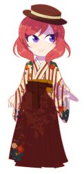 1girl brown_hat chibi chibi_only closed_mouth full_body gallaxi hat japanese_clothes kimono looking_to_the_side love_live! love_live!_school_idol_project nishikino_maki outline purple_eyes red_hair red_outline short_hair smile striped_clothes striped_kimono transparent_background wide_sleeves