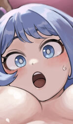 1girl :o areola_slip blue_eyes blue_hair boku_no_hero_academia breasts close-up cropped fengling_(furin-jp) hado_nejire highres medium_breasts open_mouth solo sweatdrop teeth tongue upper_teeth_only