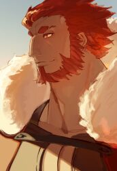 1boy aquiline_nose bara beard cape closed_mouth collarbone facial_hair fate/zero fate_(series) fur-trimmed_cape fur_trim highres iskandar_(fate) looking_ahead male_focus muscular muscular_male nose pectoral_cleavage pectorals portrait red_eyes red_facial_hair red_hair solo thick_eyebrows thick_neck tokoni_fusu