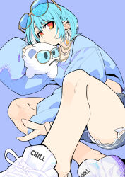 1girl absurdres aqua_hair blue_background blue_shirt colored_inner_hair creature denim denim_shorts earrings eyewear_on_head from_below highres holding indian_style jewelry multicolored_eyes multicolored_hair necklace orange_eyes oversized_clothes oversized_shirt shiranami_ramune shirt shoes short_hair shorts simple_background sitting sneakers solo stuffed_animal stuffed_toy sunglasses tetsu_booya torn_clothes torn_shorts v virtual_youtuber vspo! white_hair