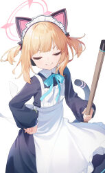 1girl absurdres animal_ear_headphones animal_ears apron aqua_ribbon back_bow black_dress black_tail blonde_hair blue_archive bow cat_ear_headphones cat_ears cat_tail closed_eyes closed_mouth collared_dress commentary contrast_collar dress eyes_visible_through_hair facing_viewer fake_animal_ears fake_tail floating_hair frilled_apron frills hair_ribbon halo hand_on_own_hip headphones highres holding ling_yin long_sleeves maid maid_apron maid_headdress medium_hair momoi_(blue_archive) momoi_(maid)_(blue_archive) neck_ribbon official_alternate_costume official_alternate_hairstyle pink_halo puffy_long_sleeves puffy_sleeves red_ribbon ribbon short_twintails sidelocks simple_background smile solo split_mouth tail tail_raised twintails u_u v-shaped_eyebrows virtual_pet_(toy) white_apron white_background white_bow white_headdress