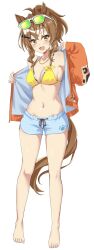 1girl ahoge animal_ears bare_shoulders barefoot bikini blush breasts brown_hair cleavage crossed_bangs eyewear_on_head fang full_body groin hair_ornament highres horse_ears horse_girl horse_tail jacket jewelry jungle_pocket_(tobasuze_hot_summer!)_(umamusume) jungle_pocket_(umamusume) long_sleeves looking_at_viewer male_swimwear navel necklace open_clothes open_jacket open_mouth orange_jacket ponytail ryochapu short_hair small_breasts smile solo standing sunglasses swim_trunks swimsuit tachi-e tail toes umamusume yellow_bikini yellow_eyes