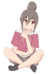 1girl alternate_hairstyle black_socks bluearcadegames blush brown_hair closed_mouth drawstring elbow_rest finger_to_own_chin full_body grey_shorts hair_between_eyes hair_bun hand_on_own_arm highres hood hoodie indian_style kiriyama_an legs looking_at_viewer mono_(afro) no_shoes orange_eyes red_hoodie short-sleeved_sweater short_sleeves shorts sidelocks simple_background single_hair_bun sitting socks solo straight-on sweater thick_eyebrows white_background white_hood