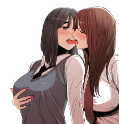 2girls beautiful_gunbari black_hair breasts brown_hair commission grey_sweater_vest groping highres kiss long_hair maria_(beautiful_gunbari) medium_breasts multiple_girls necktie pink_nails pyojunbe shin_sol shirt simple_background sweater_vest tongue tongue_out upper_body white_background white_shirt yuri
