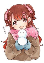 1girl 22/7 :d blue_mittens blush bow brown_coat brown_eyes brown_hair coat fanged_bangs hair_bow hair_ornament holding_snowman long_hair long_sleeves looking_at_viewer mittens open_mouth pink_bow pink_scarf scarf sera_honoka simple_background smile snowing snowman solo trefle_r two_side_up upper_body white_background