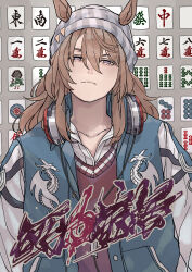 Rule 34 | 1girl, absurdres, animal ears, arms at sides, beanie, blue jacket, brown hair, calligraphy, closed mouth, commentary request, delinquent, dress shirt, ears through headwear, frown, grey background, grey eyes, half-closed eyes, hat, head tilt, headphones, headphones around neck, highres, horse ears, horse girl, jacket, long hair, long sleeves, looking at viewer, mahjong, mahjong tile, nakayama festa (umamusume), no pupils, open clothes, open jacket, oshiri seijin, patterned background, red sweater, serious, shirt, solo, sukeban, sweater, translation request, umamusume, upper body, white shirt