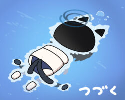1girl afloat air_bubble animal_ears ass barefoot bikini black_hair blue_archive blue_bikini bubble cat_ears cat_girl cat_tail chibi commentary_request day halo kikyou_(blue_archive) kikyou_(swimsuit)_(blue_archive) lowres lying multiple_tails nyaru_(nyaru_4126) on_stomach outdoors partially_submerged solo swimsuit tail translation_request two_tails