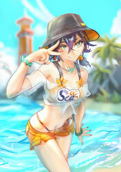 1girl absurdres bare_shoulders belle_(summer_skies)_(zenless_zone_zero) belle_(zenless_zone_zero) black_hat blue_hair blue_sky blurry blurry_background cloud crop_top day green_eyes hand_up hat highres hiro_gxan5583 looking_at_viewer navel off-shoulder_shirt off_shoulder official_alternate_costume orange_shorts palm_tree shirt short_hair short_shorts shorts sky smile solo stomach thighs tied_shirt tower tree v white_shirt zenless_zone_zero