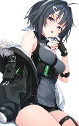 Rule 34 | 1girl, absurdres, ahoge, arknights, bare shoulders, black eyes, black gloves, black hair, black jacket, breasts, cowboy shot, fingerless gloves, fingernails, fur-trimmed sleeves, fur trim, gloves, grey jacket, hair intakes, hair ornament, hairclip, hand up, highres, jacket, la pluma (arknights), long sleeves, medium breasts, nameko houshi, open mouth, short hair, simple background, sitting, sleeveless, sleeveless jacket, solo, thigh strap, white background