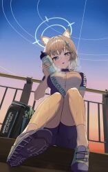 1girl absurdres animal_ears bare_legs blue_archive blue_eyes blue_shorts bottle breasts cbwook from_below grey_hair gym_uniform halo heavy_breathing highres holding holding_bottle looking_at_viewer medium_breasts mismatched_pupils open_mouth shiroko_(blue_archive) shiroko_(cycling)_(blue_archive) shoes short_hair shorts sneakers socks solo sweat wolf_ears