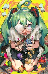 Rule 34 | 1girl, absurdres, ahoge, aqua hair, aroused nosebleed, barley juice, bible (object), blood, breath, brown shoes, character doll, coke-bottle glasses, collared shirt, commentary, confessions of a rotten girl (vocaloid), cross-shaped pupils, cross hair ornament, doll, drooling, english commentary, fang, fujoshi, glasses, gumi, hair between eyes, hair ornament, hatsune miku, highres, hiyama kiyoteru, kagamine len, kagamine rin, kaito (vocaloid), kamui gakupo, kasane teto, loafers, long hair, looking at viewer, looking up, loose socks, lower teeth only, megurine luka, nosebleed, opaque glasses, open mouth, partially opaque glasses, pleated skirt, purple eyes, saliva, school uniform, shirt, shoes, short sleeves, sitting, skin fang, skirt, smile, socks, solo, sound effects, symbol-shaped pupils, teeth, tongue, twintails, utau, vocaloid, wariza, white shirt, yaoi