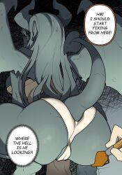 1boy 1girl absurdres ass ass_focus blush cameltoe colored_skin commentary demon_girl demon_horns demon_tail demon_wings dress english_commentary from_behind gargoyle gomulgong grey_hair grey_horns grey_skin grey_tail highres holding holding_paintbrush horns looking_at_viewer looking_back nervous original paintbrush panties parted_lips pointy_ears raised_inner_eyebrows solo_focus speech_bubble squatting tail thighs thought_bubble underwear white_dress white_panties wings