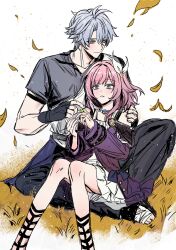 Rule 34 | 1boy, 1girl, ahoge, black pants, blue eyes, blue shirt, clover, coat, commentary, couple, cyrene (honkai: star rail), dress, falling leaves, four-leaf clover, hand on another&#039;s shoulder, hetero, highres, honkai: star rail, honkai (series), ilsijeongj2213, jewelry, leaf, medium hair, multicolored hair, necklace, on ground, outdoors, pants, phainon (a dream scented in wheat) (honkai: star rail), phainon (honkai: star rail), pink hair, purple coat, shirt, short hair, sitting between lap, smile, symbol-only commentary, two-tone hair, white dress, white hair