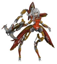 1girl android arm_cannon arm_mounted_weapon covered_navel digitigrade full_body grey_hair hair_between_eyes hi-roki highres joints long_hair looking_to_the_side mecha mechabare mechanical_arms mechanical_legs mechanical_wings number_print original piston ponytail robot robot_joints science_fiction sign solo stencil_lettering tachi-e warning_sign weapon white_background wings yellow_eyes