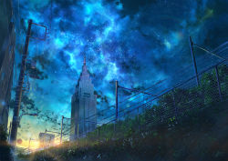 blue_sky blue_theme building commentary_request fence highres ivy japan landscape light_rays niko_p original power_lines scenery signature sky skyscraper star_(sky) starry_sky sunset tower utility_pole