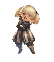 1girl :d artist_request black_gloves blonde_hair brown_eyes final_fantasy final_fantasy_xi full_body gloves granblue_fantasy hand_on_own_elbow highres legs_apart long_sleeves official_art ojou-sama_pose open_mouth pointy_ears second-party_source shantotto short_hair smile solo standing tarutaru teeth transparent_background twintails upper_teeth_only