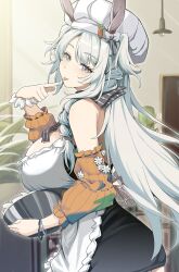 1girl :p animal_ears apron arknights bare_shoulders black_dress bowl bracelet braid breasts ceiling_light chef_hat closed_mouth detached_sleeves dress flower from_behind grey_eyes grey_hair hat highres holding holding_bowl hpapo indoors jewelry large_breasts long_hair long_sleeves looking_at_viewer looking_to_the_side official_alternate_costume rabbit_ears savage_(arknights) savage_(secret_family_recipe)_(arknights) side_braid sideboob smile solo tongue tongue_out very_long_hair white_apron white_flower white_hat