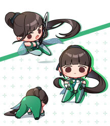 1girl absurdres black_hair blush bodysuit brown_eyes chibi eve_(stellar_blade) gloves goddess_of_victory:_nikke green_bodysuit hands_on_own_hips highres long_hair multiple_views ponytail smile stellar_blade sword uz_(uzru0428) weapon white_gloves