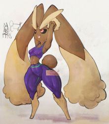 1girl adversarial_noise animal_nose armpits arms_up artist_name barefoot black_sclera body_fur breasts brown_fur colored_sclera female_focus furry furry_female gen_4_pokemon green_trim happy leggings legs_apart long_animal_ears looking_up lopunny lucario medium_breasts midriff nintendo no_feet open_mouth pokemon pokemon_(creature) purple_leggings purple_sports_bra rabbit_ears rabbit_girl rabbit_tail red_eyes short_tail signature simple_background skin_tight smile solo_focus sports_bra stretching tail teeth thick_thighs thighs thwillartz toned toned_female tongue twitter_username two-tone_fur white_background wide_hips yellow_fur